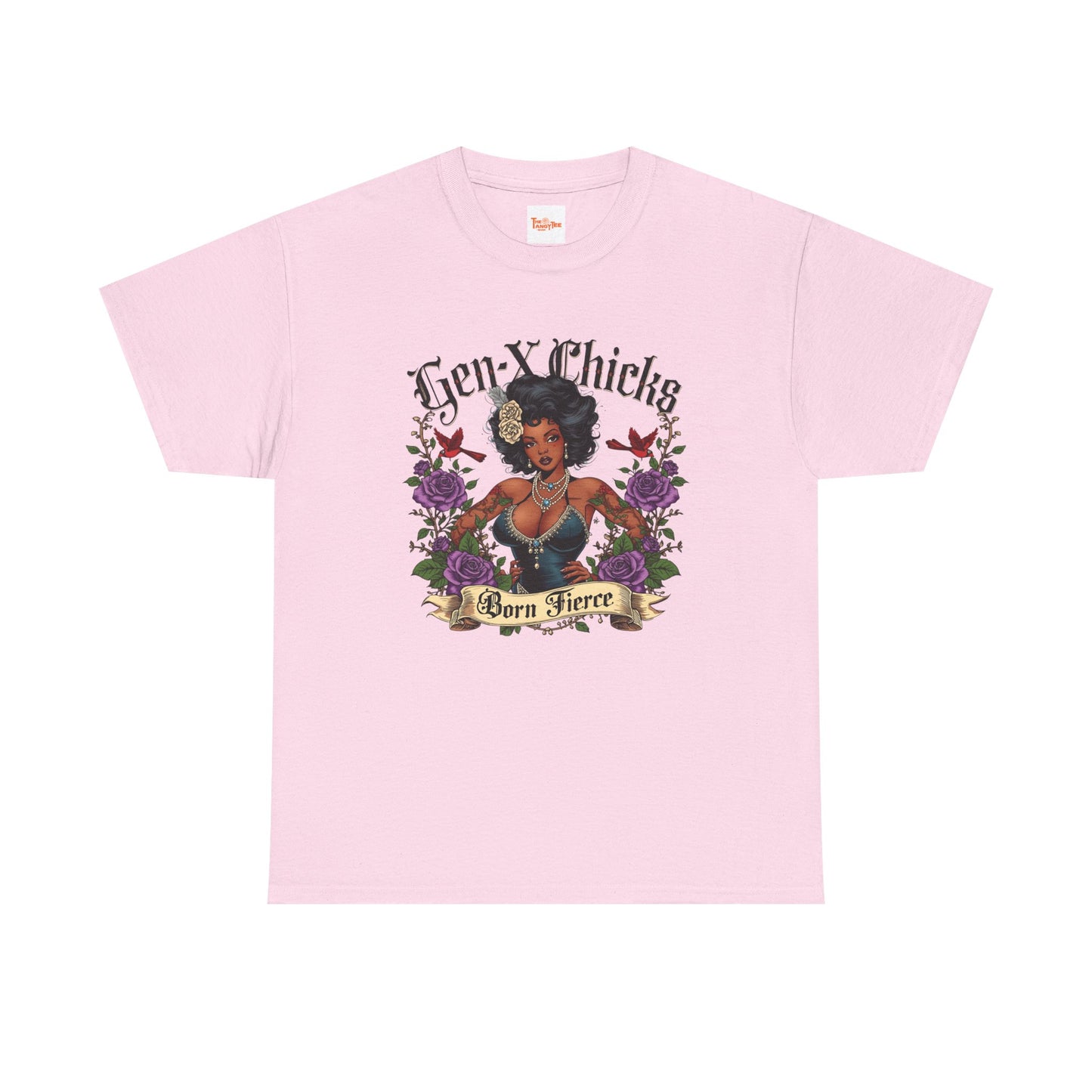 Gen X Chicks Born Fierce T-Shirt — Retro African American Rocker with Purple Flowers