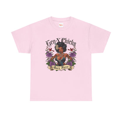 Gen X Chicks Born Fierce T-Shirt — Retro African American Rocker with Purple Flowers