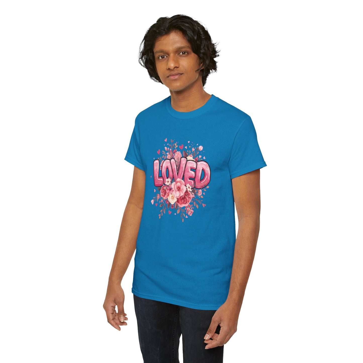 Charming 'Loved' T-Shirt with Pink Bubble Letters & Flower Decor