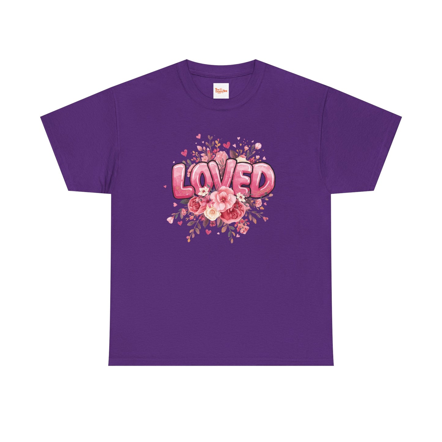 Charming 'Loved' T-Shirt with Pink Bubble Letters & Flower Decor