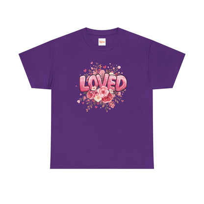 Charming 'Loved' T-Shirt with Pink Bubble Letters & Flower Decor