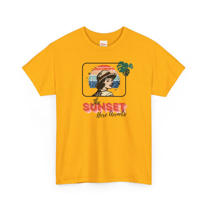 Sunset Awaits Graphic Tee — Woman in Pith Helmet Sunset Design