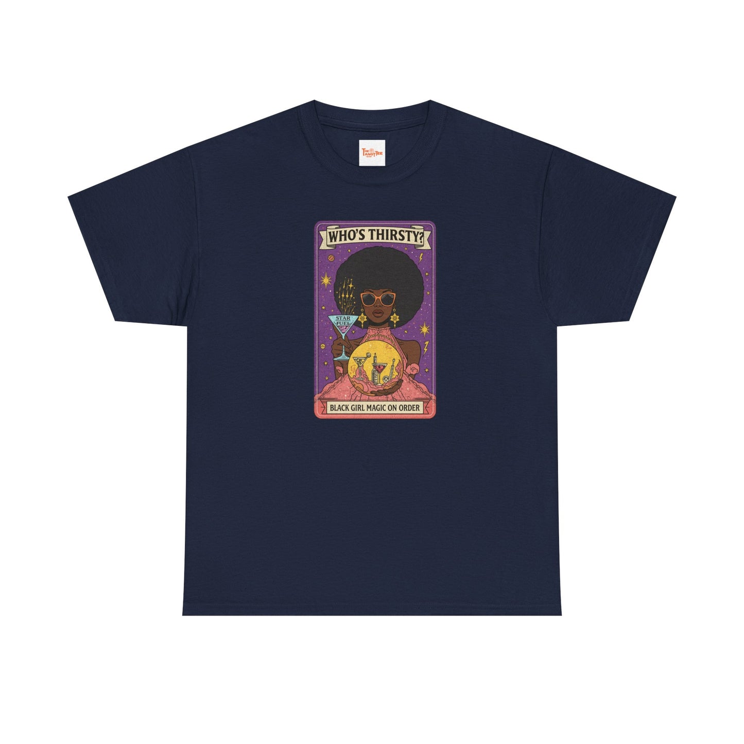 Tarot 'Who's Thirsty?' Graphic T‑Shirt — Retro Afro Witch Cocktail Design