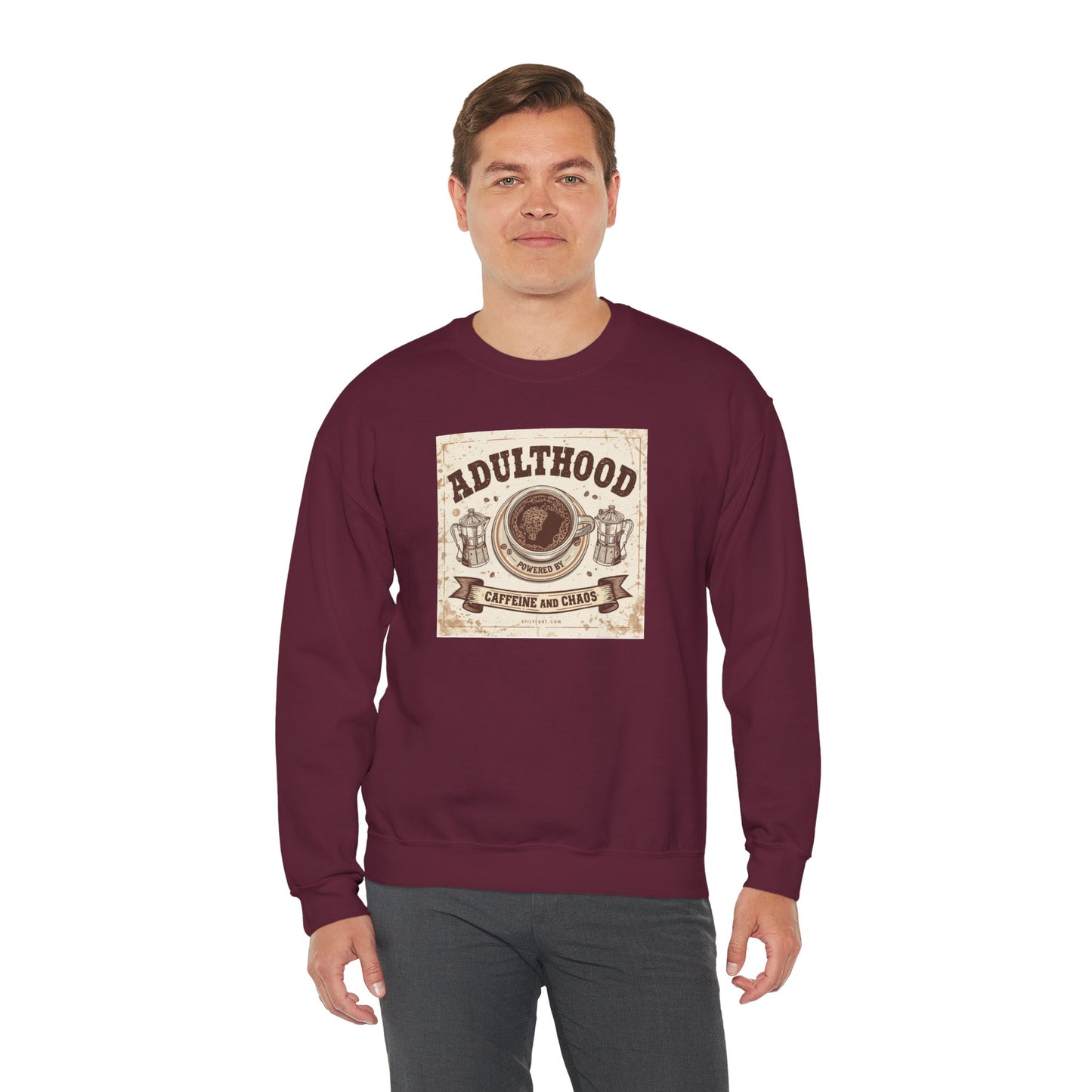 Adulthood Powered by Caffeine and Chaos Sweatshirt — Coffee & Old West Wanted Poster Graphic