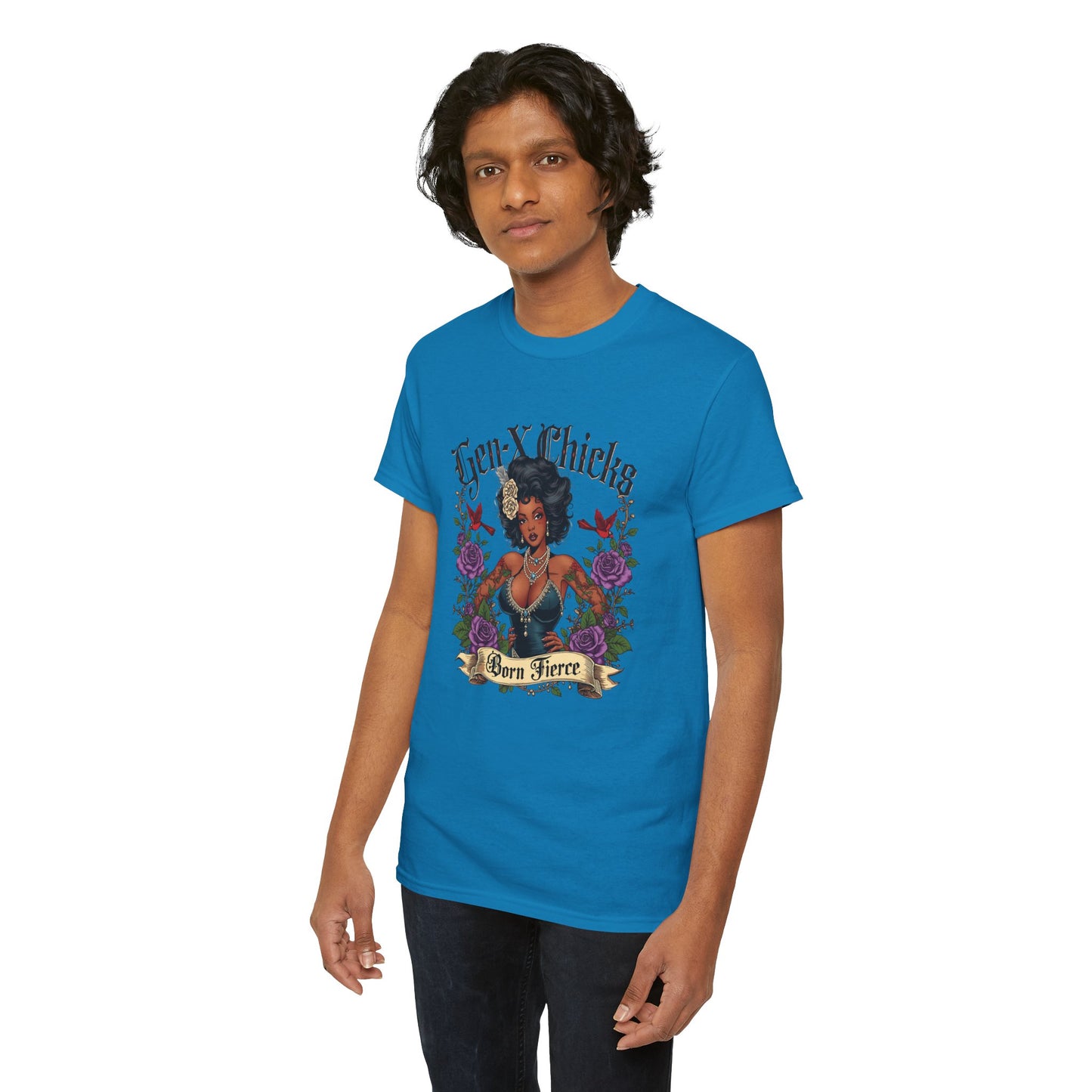 Gen X Chicks Born Fierce T-Shirt — Retro African American Rocker with Purple Flowers