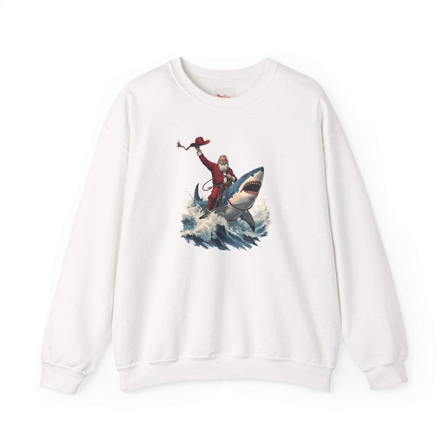 Santa Riding a Shark Sweatshirt — Funny Holiday Shark Claus Crewneck