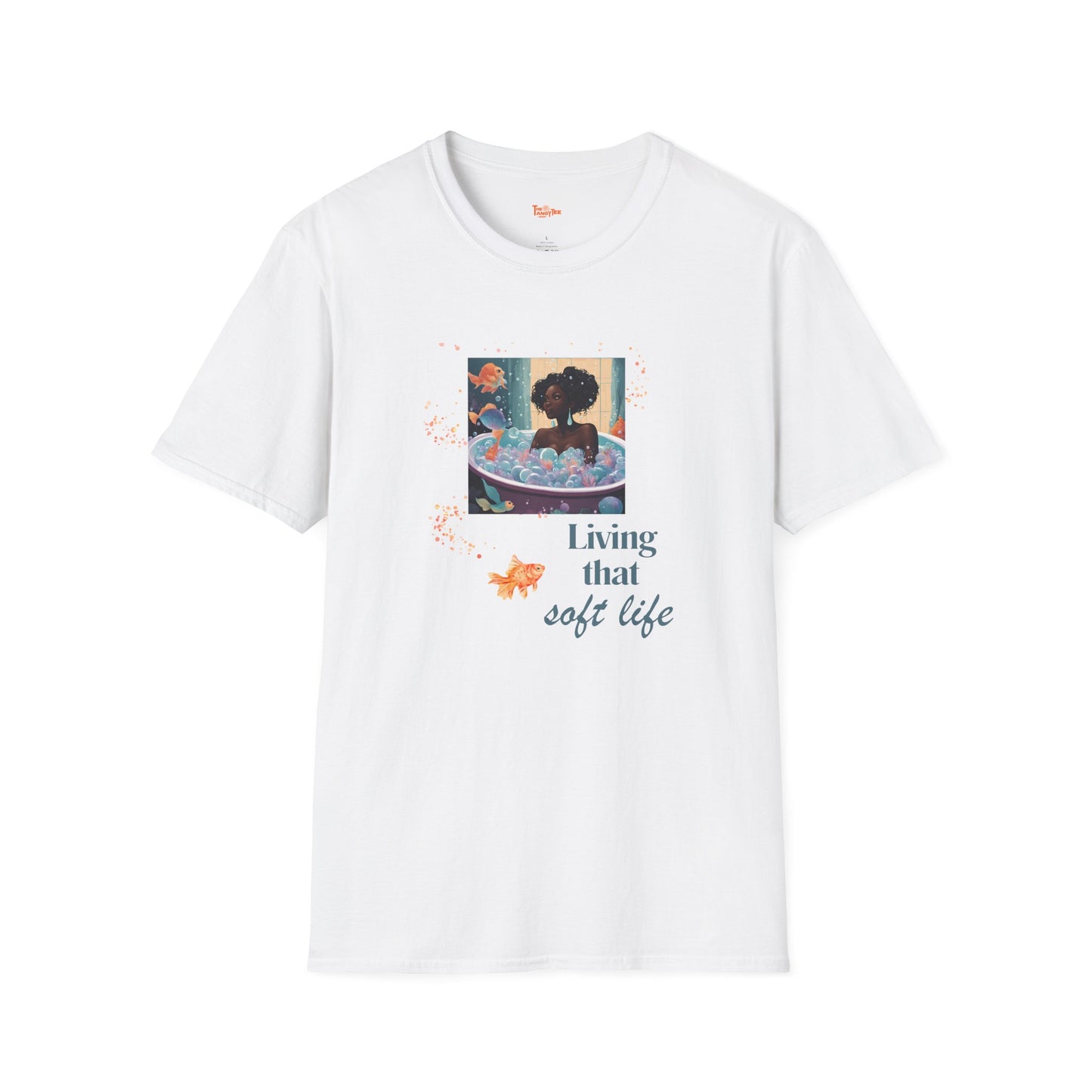 Soft Life Graphic Unisex T-Shirt - Black Woman in Bath with Goldfish and Bubbles