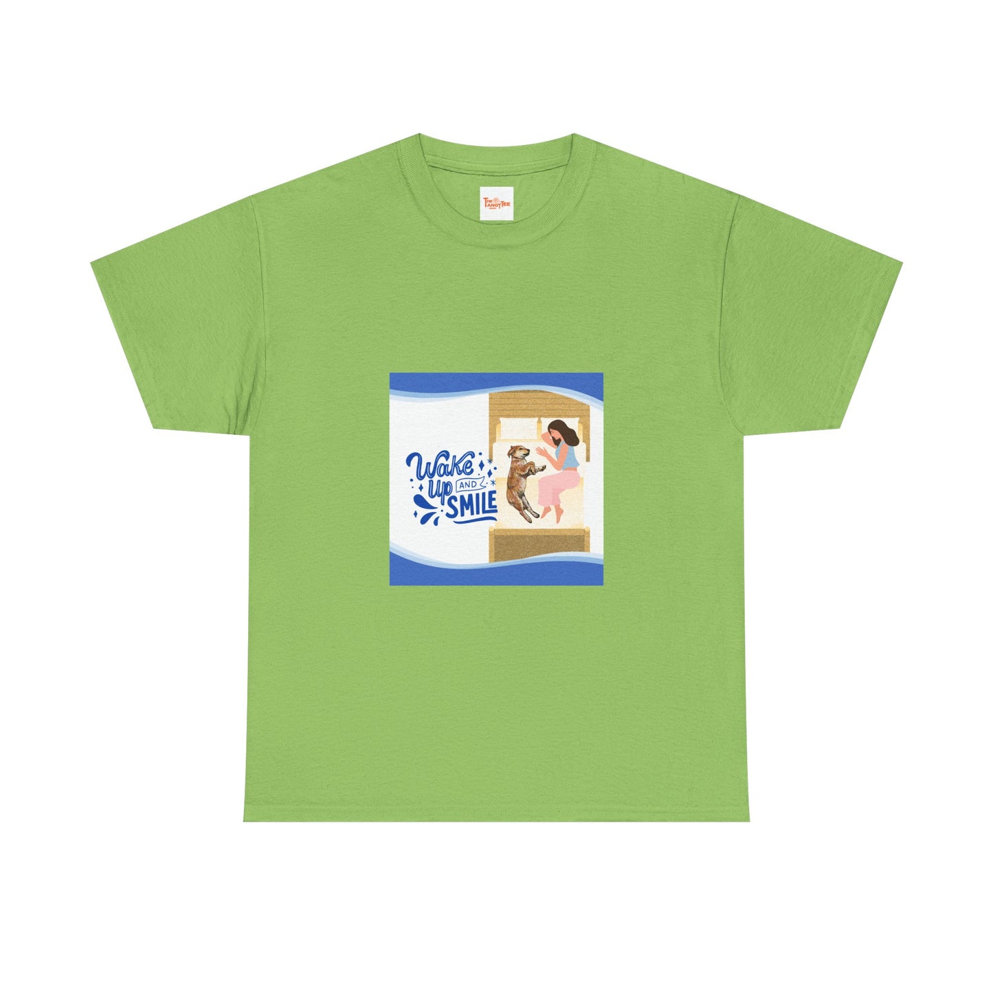 Graphic Tee - Wake up and Smile, Woman and Dog in Bed Design