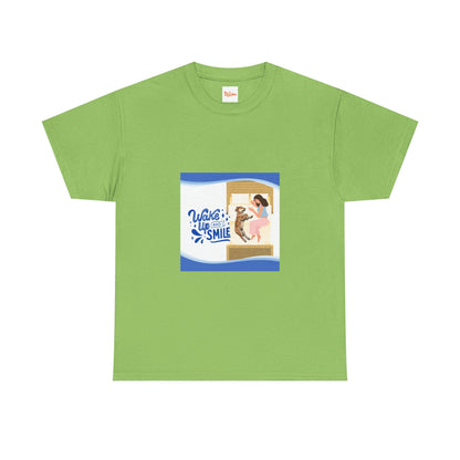 Graphic Tee - Wake up and Smile, Woman and Dog in Bed Design