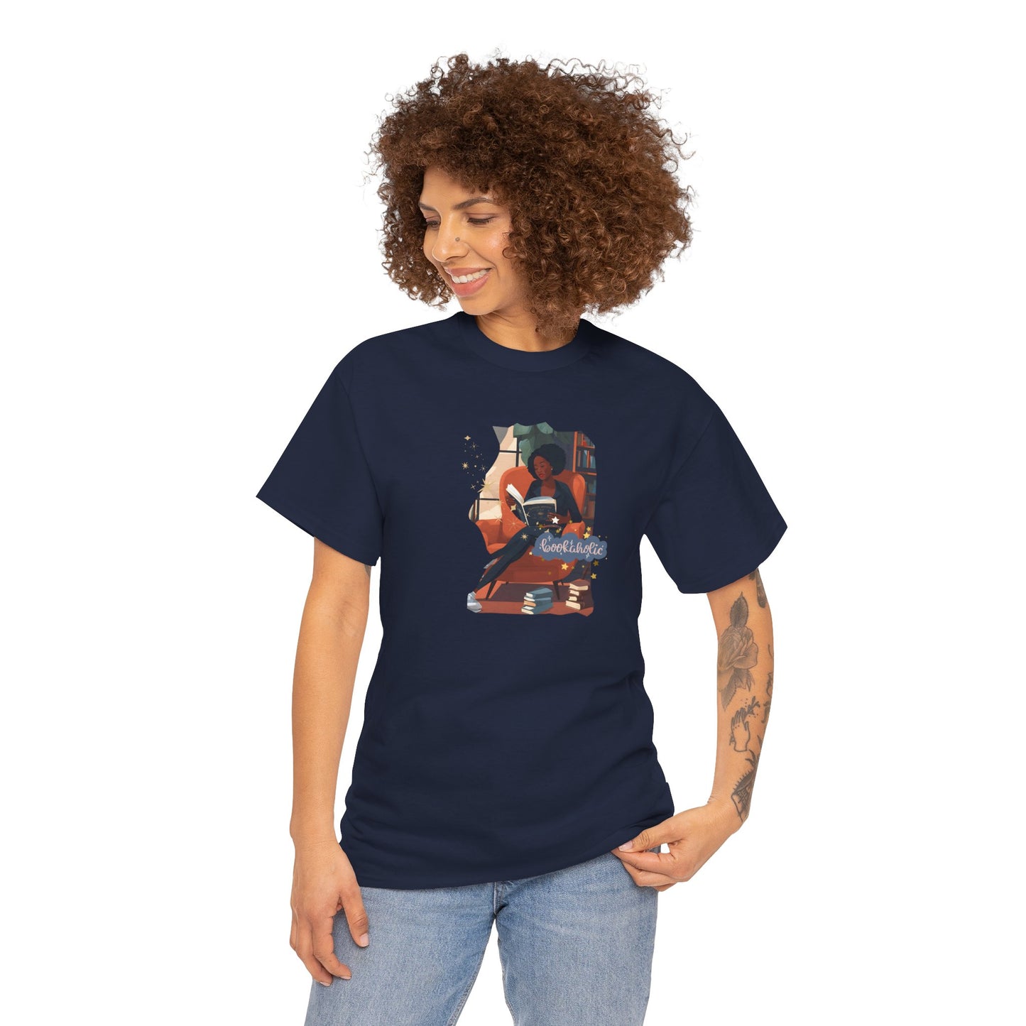 Bookaholic Unisex Tee - Black Woman Relaxing with Books and Cat Graphic