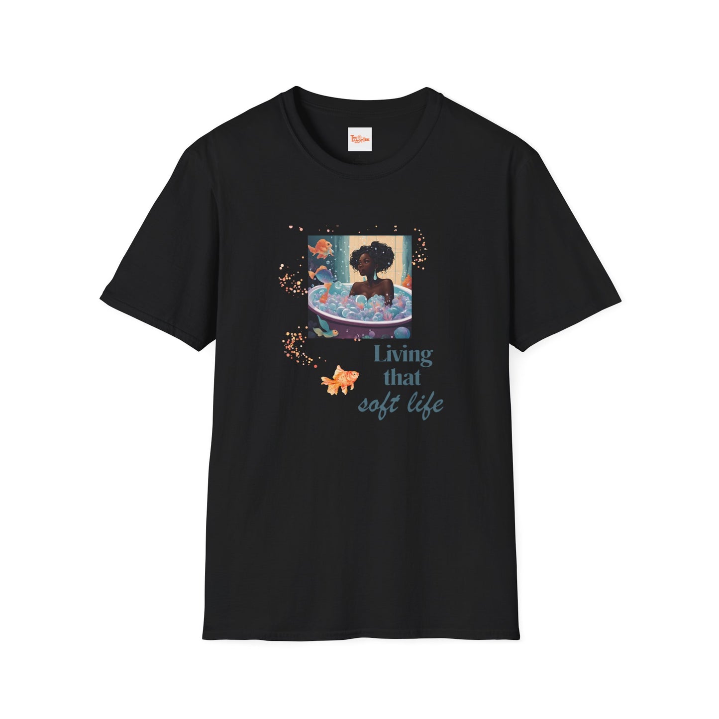 Soft Life Graphic Unisex T-Shirt - Black Woman in Bath with Goldfish and Bubbles