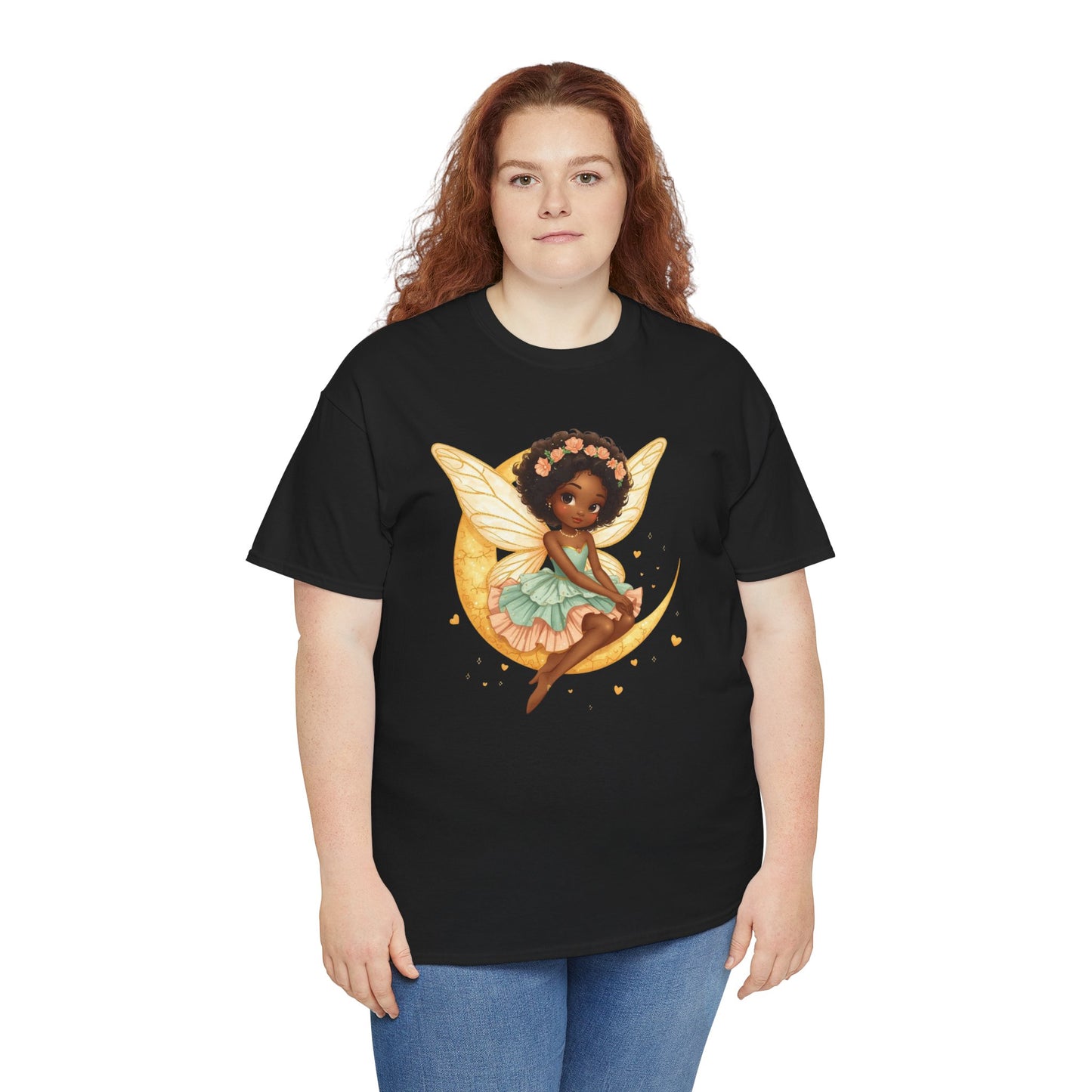 African American Fairy on Crescent Moon T-Shirt — Pink & Mint Fantasy Tee