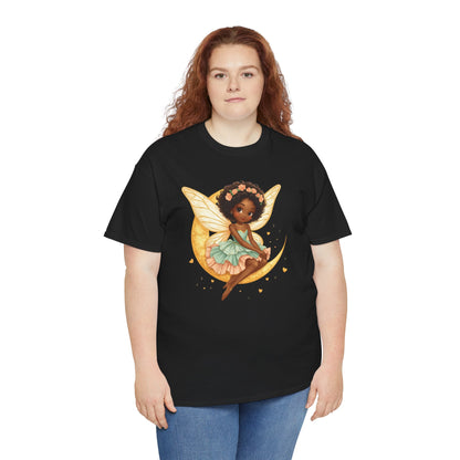 African American Fairy on Crescent Moon T-Shirt — Pink & Mint Fantasy Tee