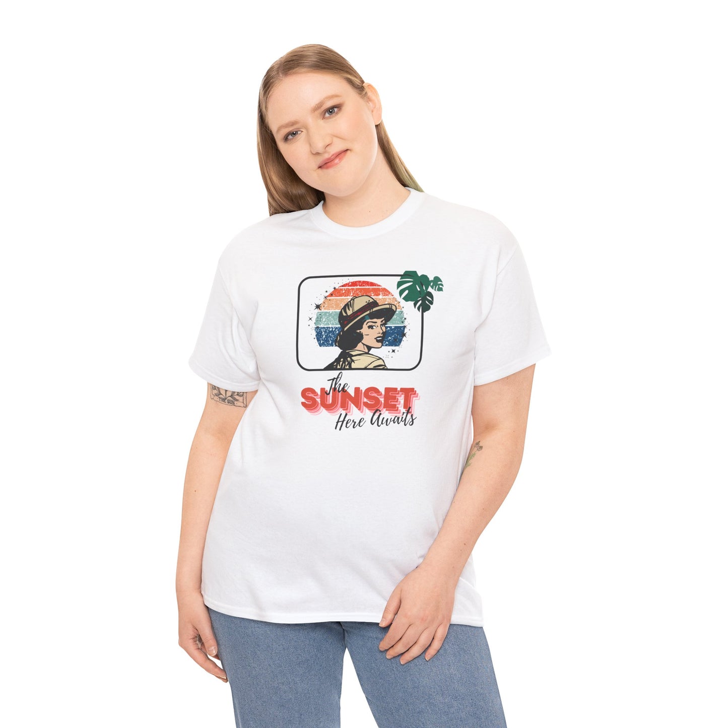 Sunset Awaits Graphic Tee — Woman in Pith Helmet Sunset Design