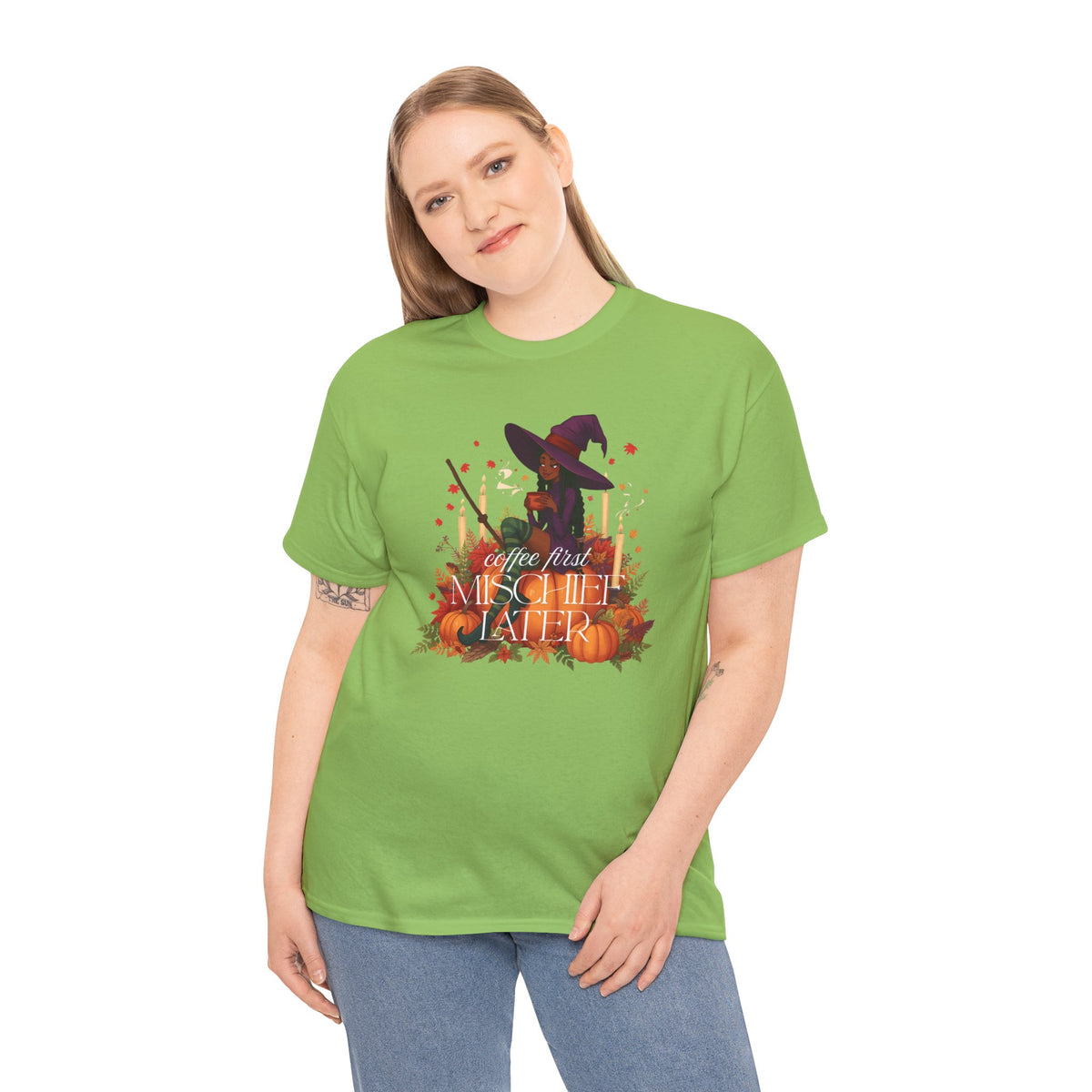 Witchy Pumpkin Patch Tee — "Coffee First, Mischief Later" Black Witch Latte Graphic