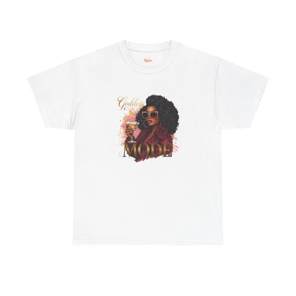Goddess Vibes Tee — Black Woman in Burgundy Fur Holding Champagne