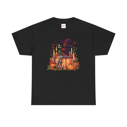 Witchy Pumpkin Patch Tee — "Coffee First, Mischief Later" Black Witch Latte Graphic