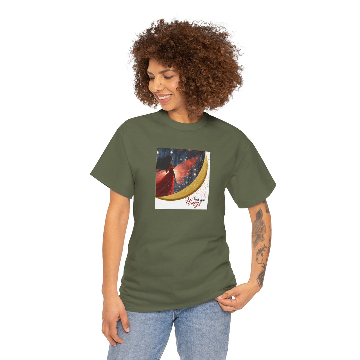 Find Your Wings T-Shirt — Black Woman Night Forest Graphic Tee with Glitter Wings