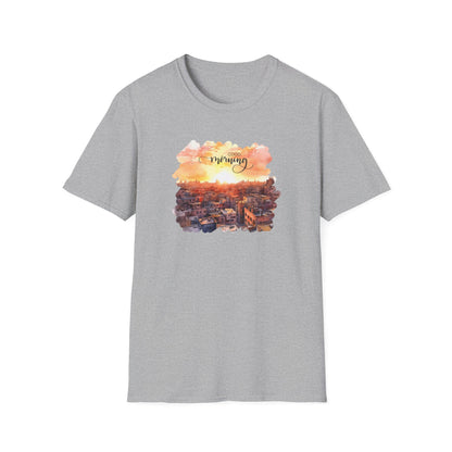 Cityscape Sunrise Unisex T-Shirt with 'Good Morning' Graphic