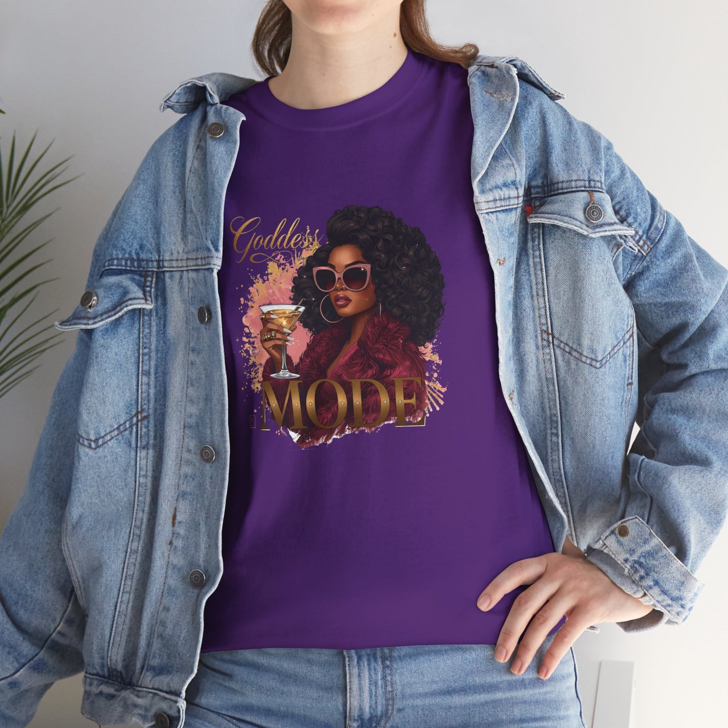Goddess Vibes Tee — Black Woman in Burgundy Fur Holding Champagne