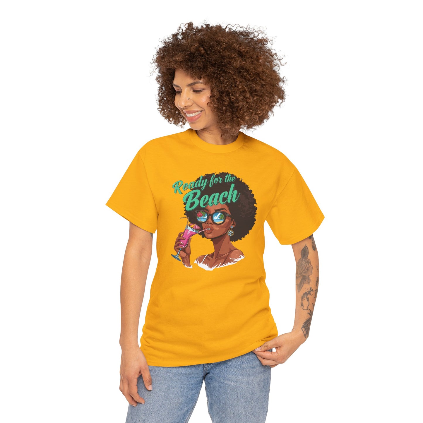 Ready for the Beach Tee — Afro Woman Sunglasses & Cocktail Graphic