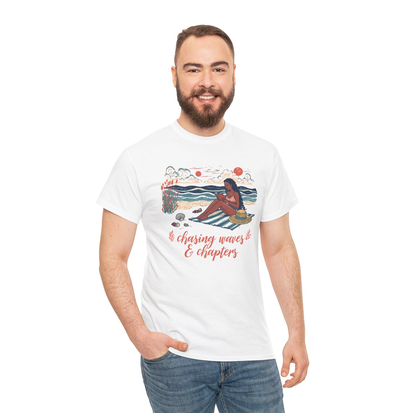 Surfing Sketch Tee — "Chasing Waves & Chapters" Beach Graphic T-Shirt