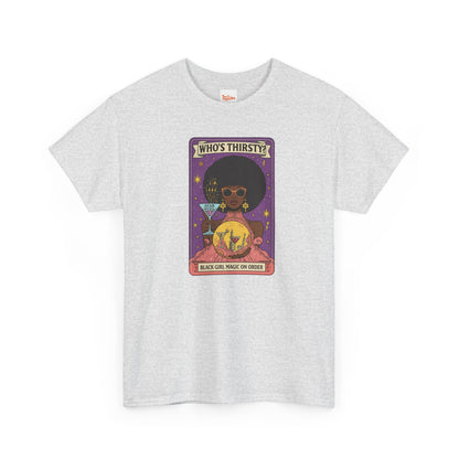 Tarot 'Who's Thirsty?' Graphic T‑Shirt — Retro Afro Witch Cocktail Design