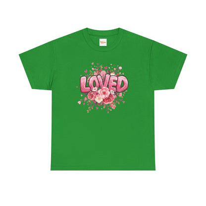Charming 'Loved' T-Shirt with Pink Bubble Letters & Flower Decor