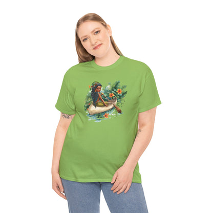 Mermaid Canoe T-Shirt — Black Mermaid Rowing Through Jungle with Frog Graphic