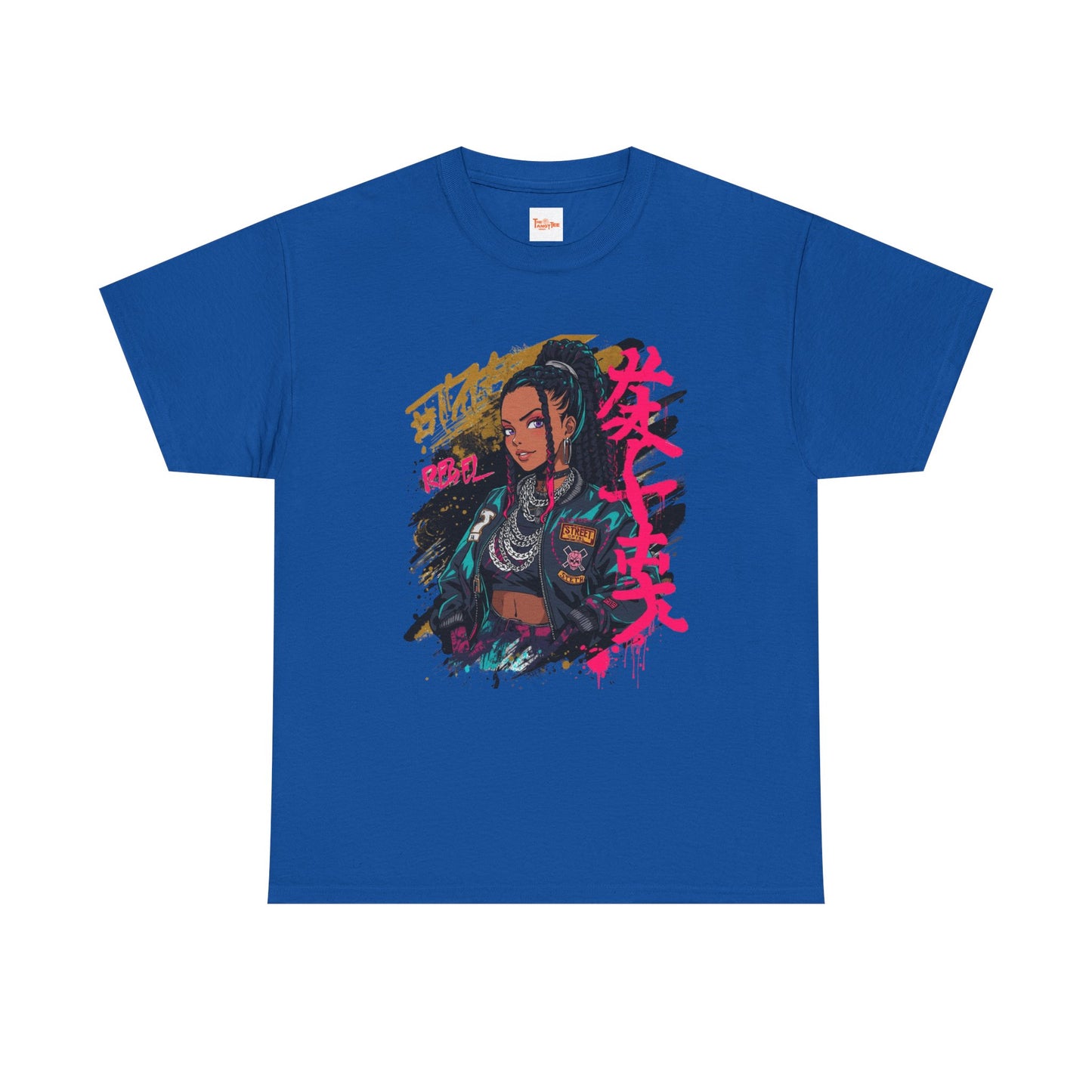 Rebel African American Anime Woman Graphic Tee — Graffiti & Asian Symbol Design