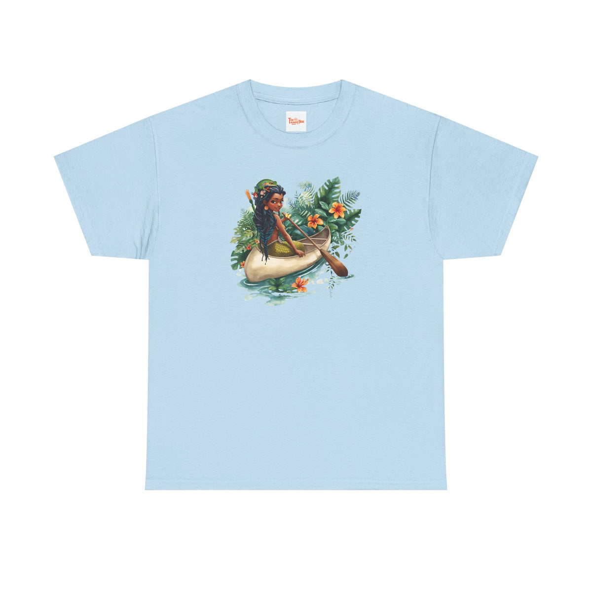 Mermaid Canoe T-Shirt — Black Mermaid Rowing Through Jungle with Frog Graphic