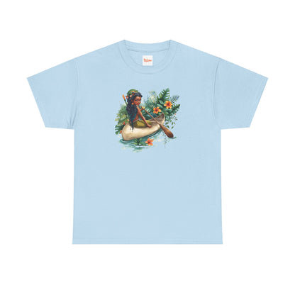 Mermaid Canoe T-Shirt — Black Mermaid Rowing Through Jungle with Frog Graphic