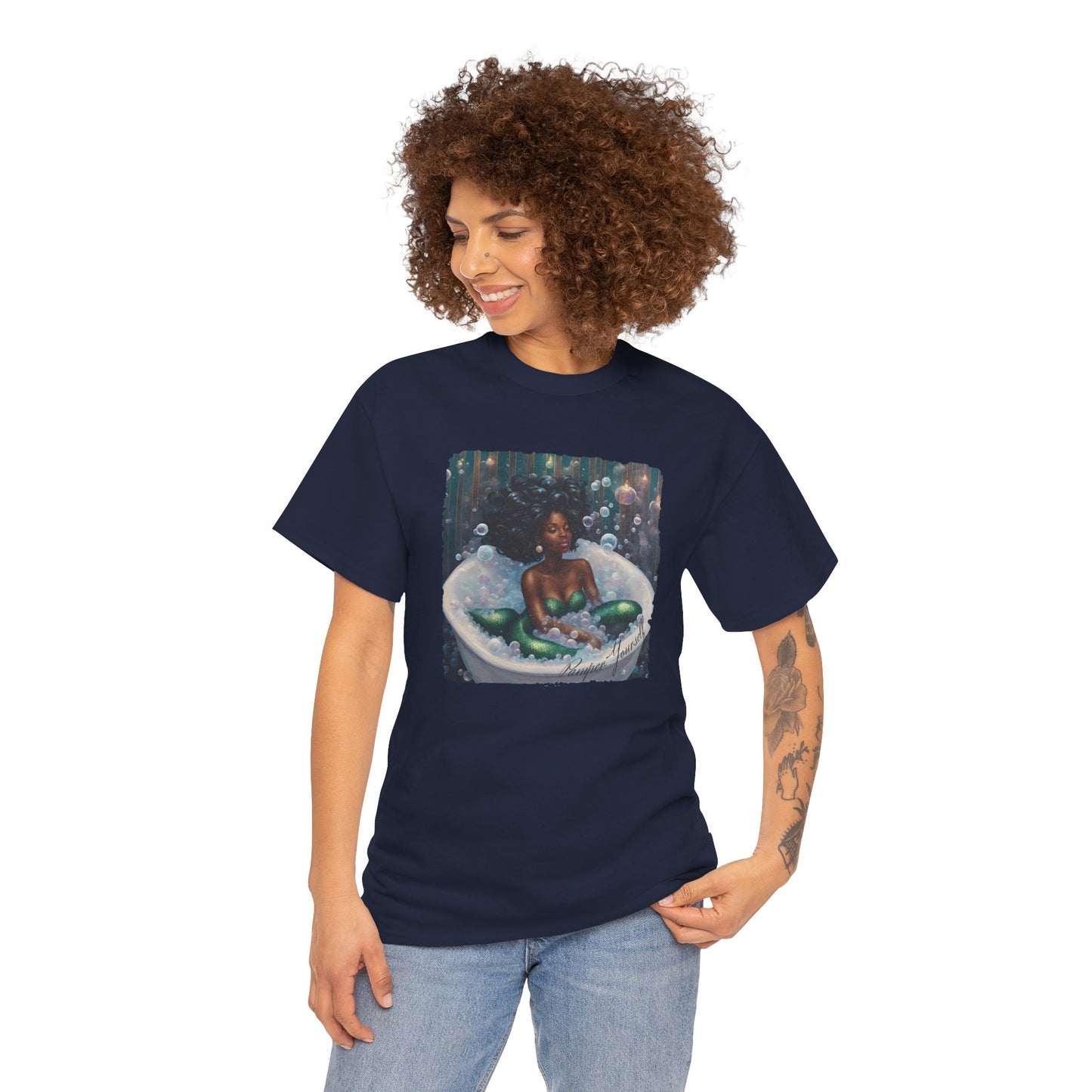 Pamper Yourself Black Mermaid Tee — Relaxing Bathtub Graphic