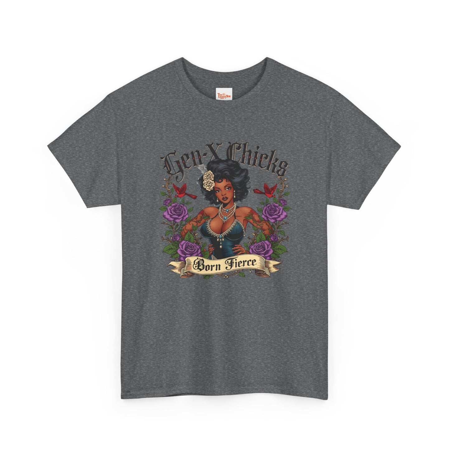 Gen X Chicks Born Fierce T-Shirt — Retro African American Rocker with Purple Flowers