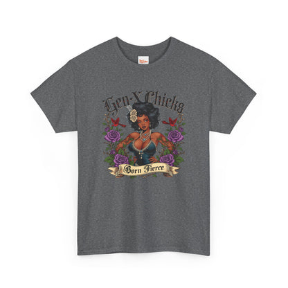 Gen X Chicks Born Fierce T-Shirt — Retro African American Rocker with Purple Flowers