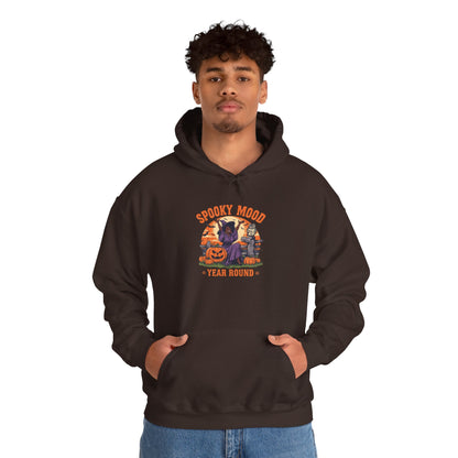 Spooky Mood Year-Round Witch Hoodie — Happy Black Witch with Pumpkins & Bats