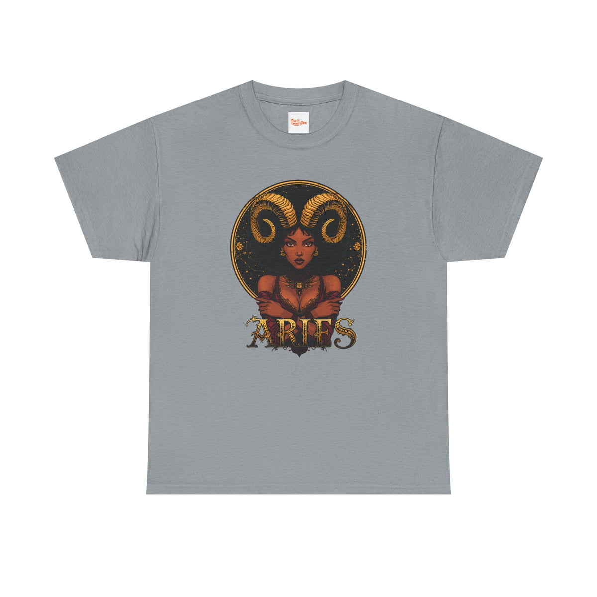 Aries Art Nouveau Tee — African American Woman with Ram Horns Zodiac Graphic