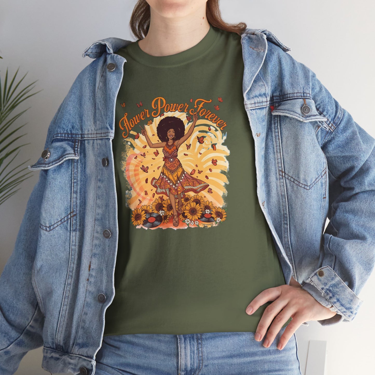 Flower Power Forever Tee — 70s Afro Vintage Floral & Vinyl Graphic T-Shirt
