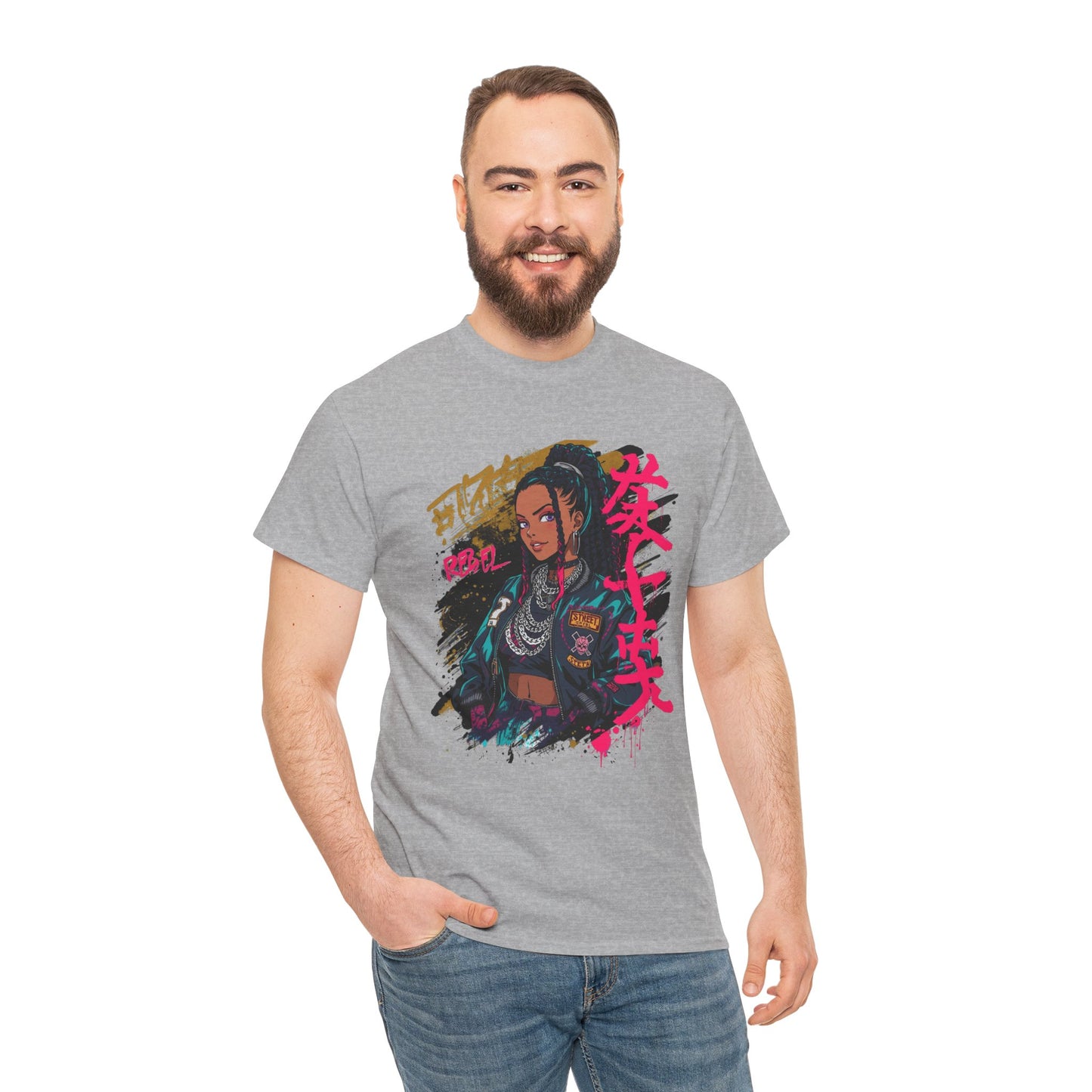 Rebel African American Anime Woman Graphic Tee — Graffiti & Asian Symbol Design