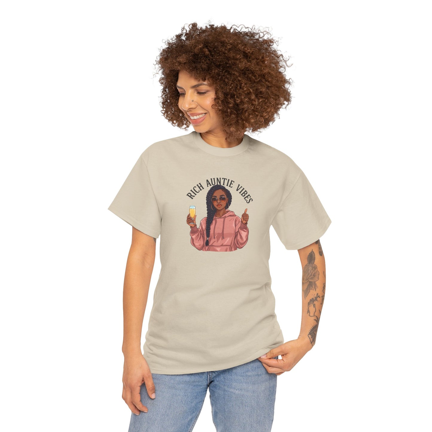 Rich Auntie Vibes T-Shirt — Black Woman Champagne Graphic