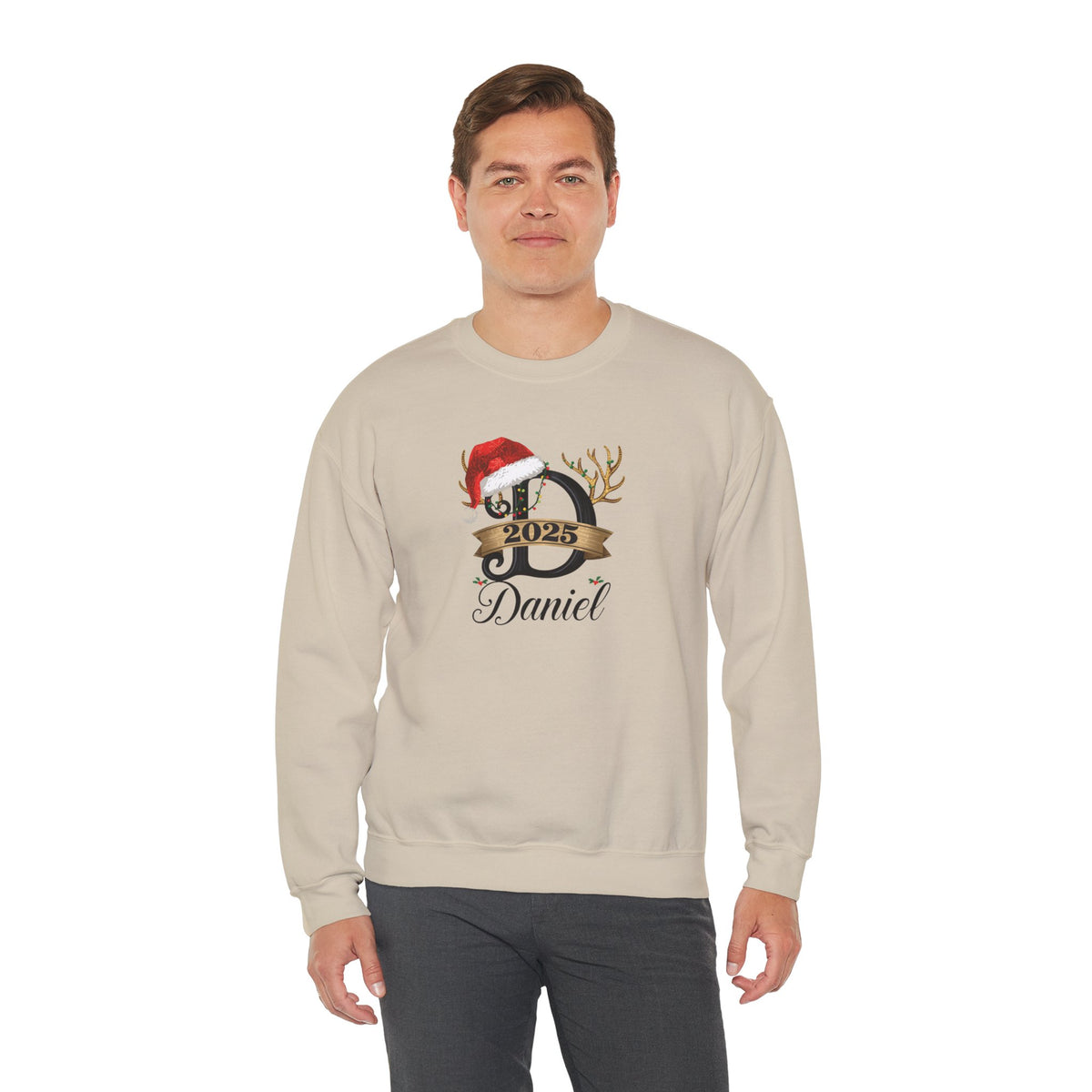 Personalized Christmas Monogram Sweatshirt — Antlers, Santa Hat & Lights