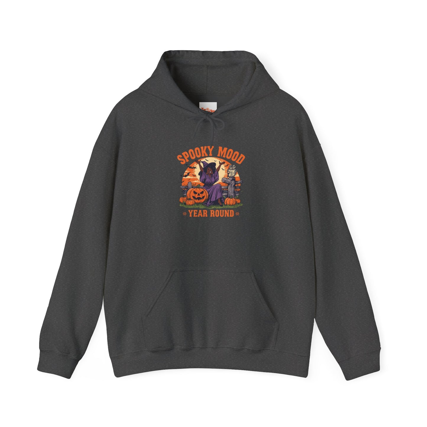 Spooky Mood Year-Round Witch Hoodie — Happy Black Witch with Pumpkins & Bats