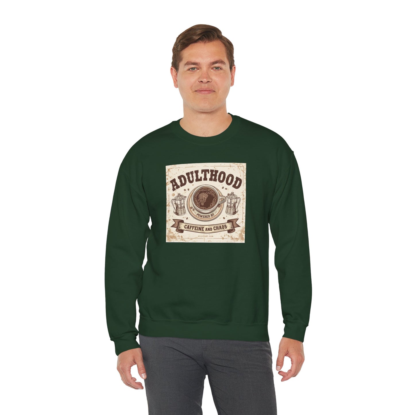 Adulthood Powered by Caffeine and Chaos Sweatshirt — Coffee & Old West Wanted Poster Graphic