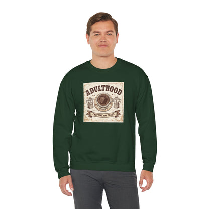 Adulthood Powered by Caffeine and Chaos Sweatshirt — Coffee & Old West Wanted Poster Graphic
