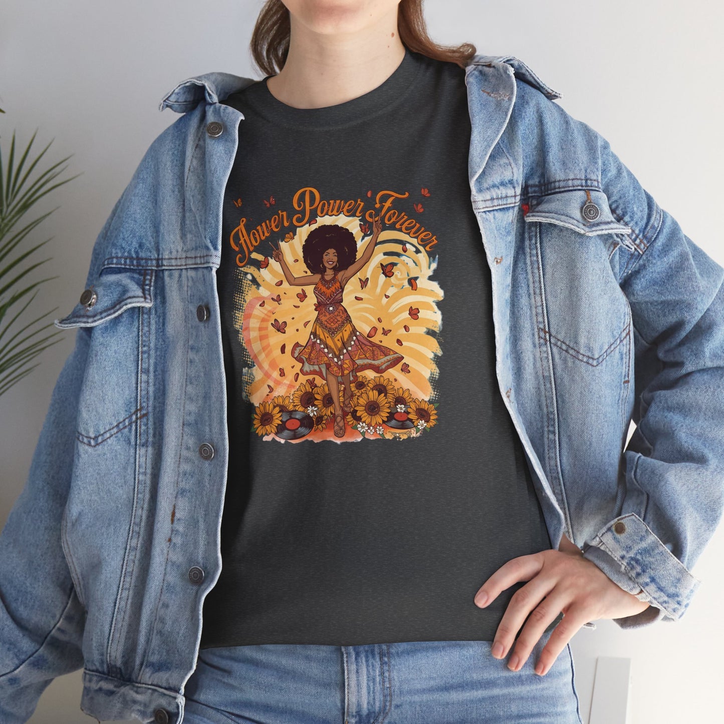 Flower Power Forever Tee — 70s Afro Vintage Floral & Vinyl Graphic T-Shirt