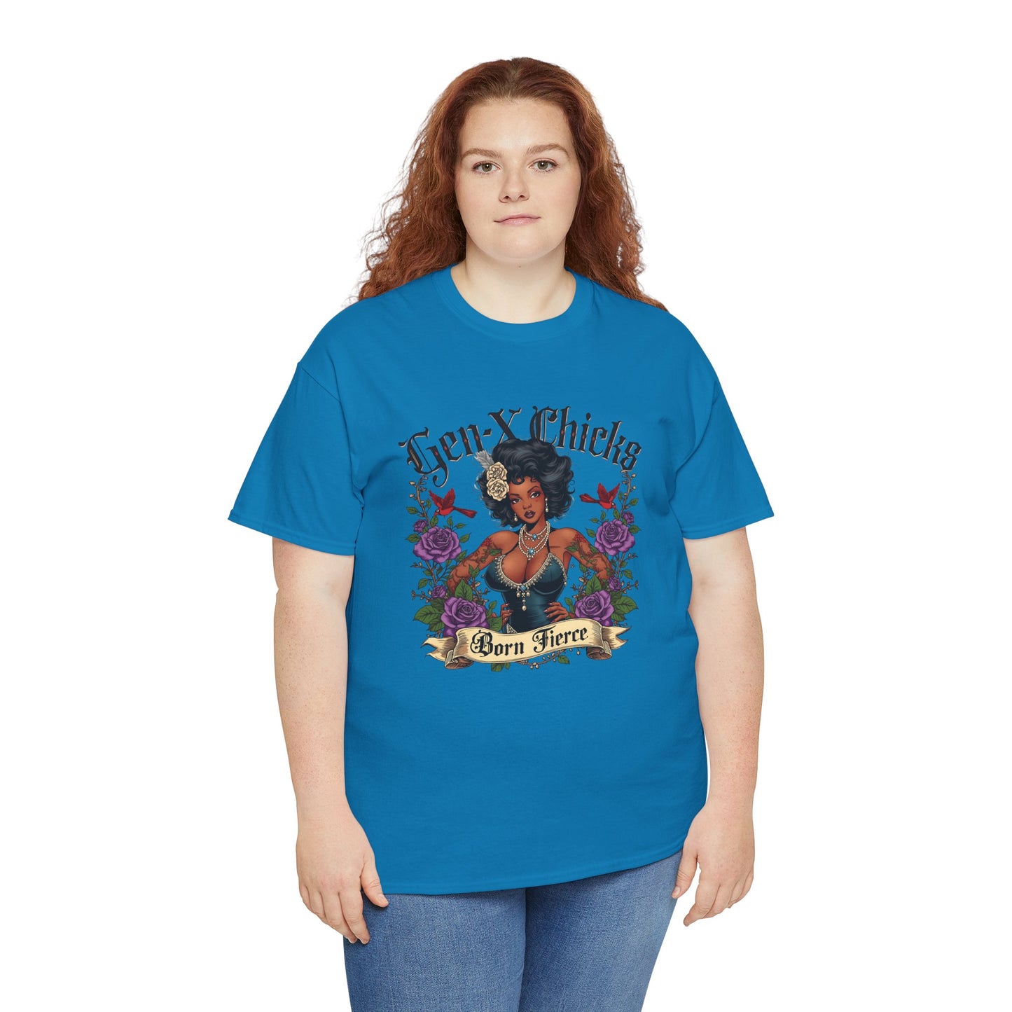 Gen X Chicks Born Fierce T-Shirt — Retro African American Rocker with Purple Flowers