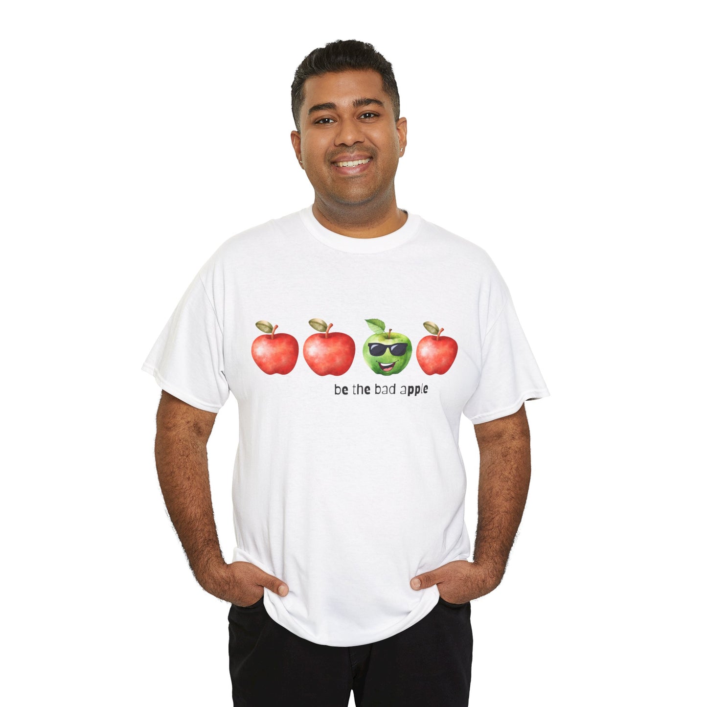 Graphic Unisex Tee - Be the Bad Apple, Three Red Apples and One Green Apple with Sunglasses