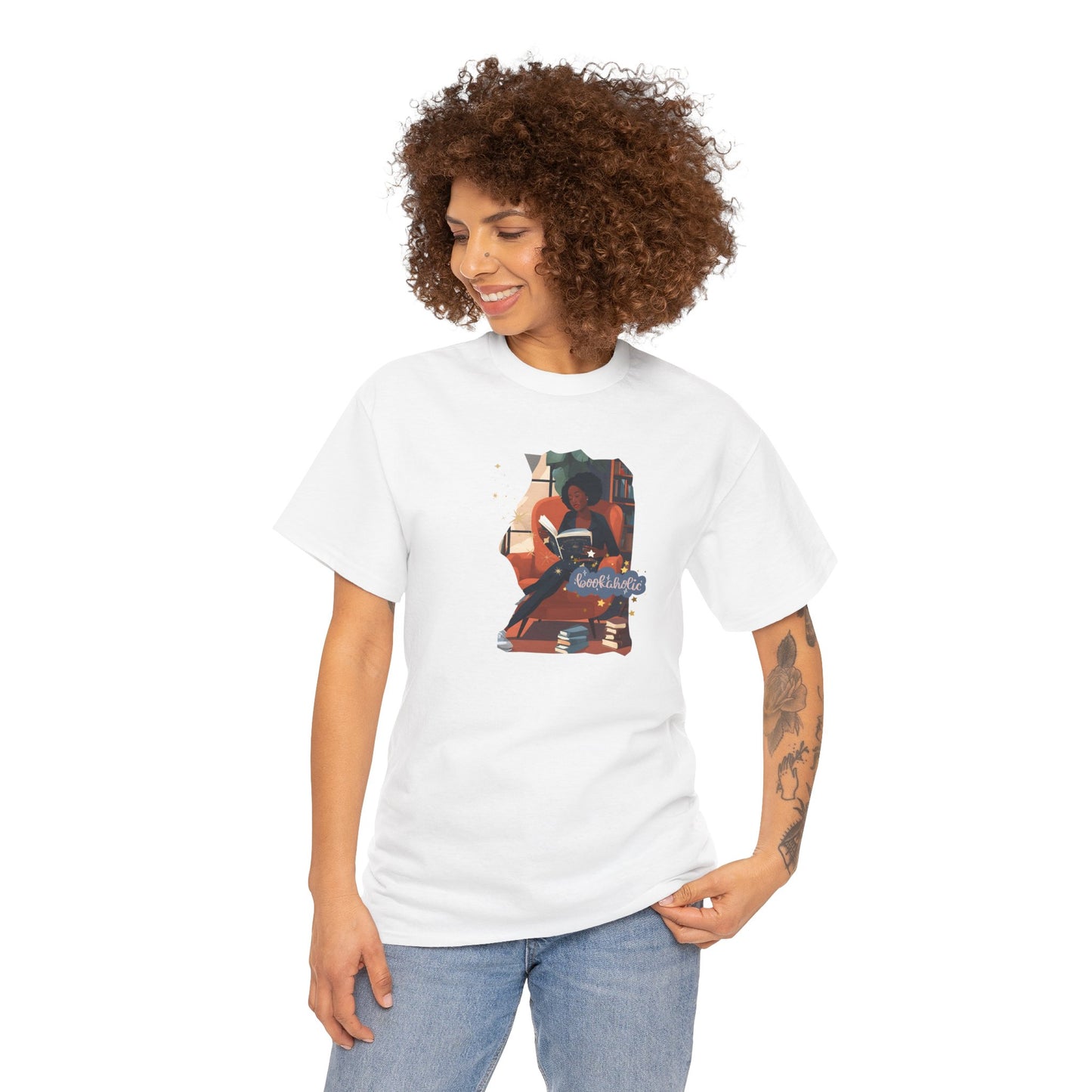 Bookaholic Unisex Tee - Black Woman Relaxing with Books and Cat Graphic