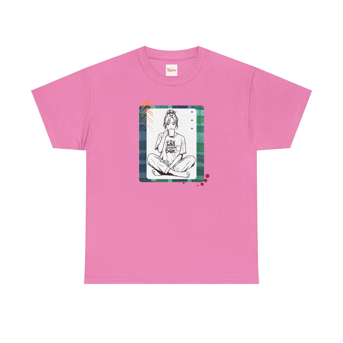 No Talkie Without Coffee T-Shirt — Woman Sitting with Coffee Graphic