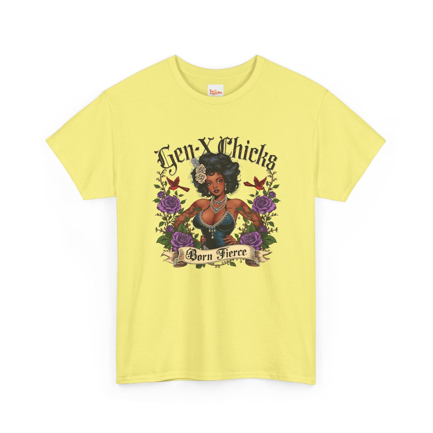 Gen X Chicks Born Fierce T-Shirt — Retro African American Rocker with Purple Flowers